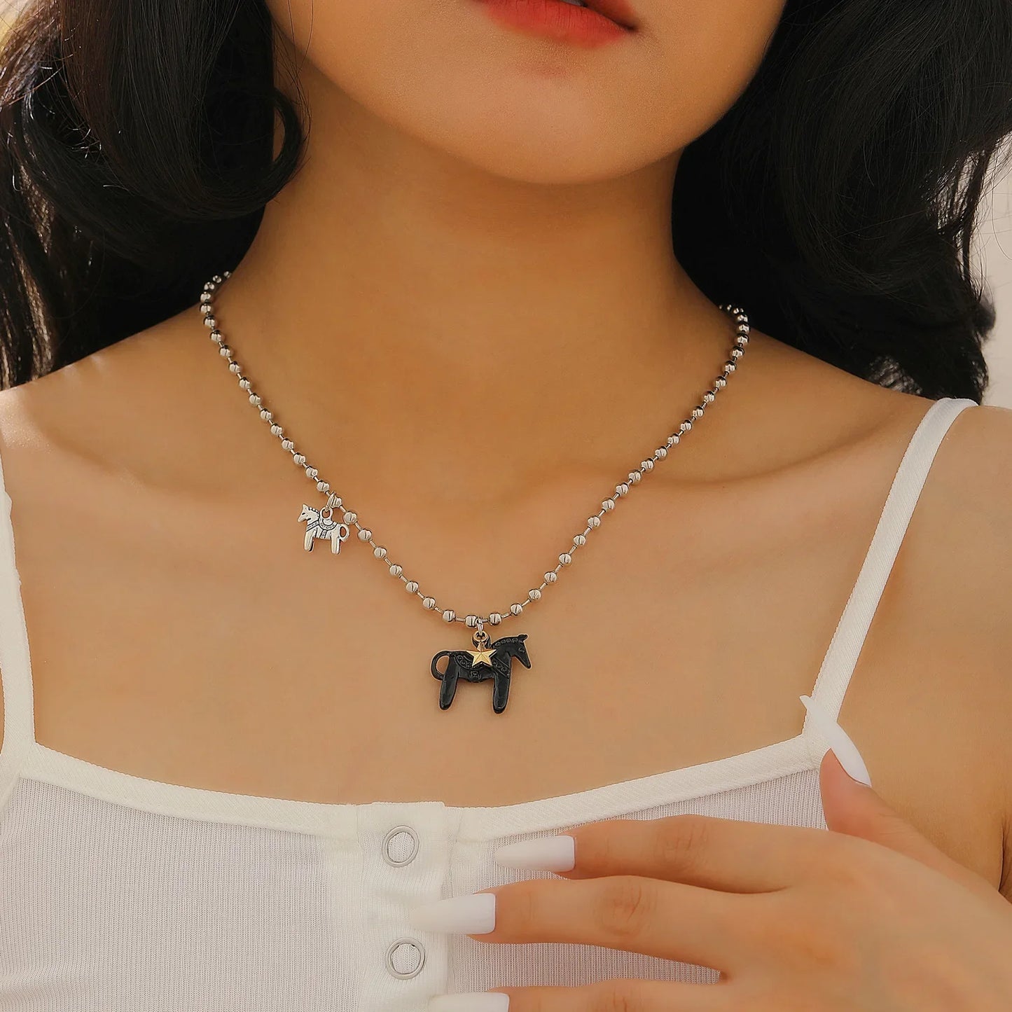 LATS Funny Cute White Black Pink Color Enamel Colt Horse Pendant Necklaces for Women Alloy Beads Chain Chokers Fashion Jewelry