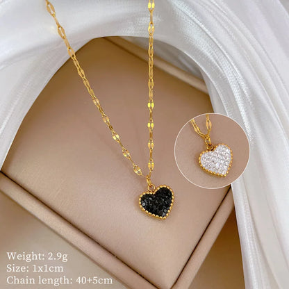 DIEYURO 316L Stainless Steel Minimalist Black White Crystal Reversible Heart Necklace New Fashion Clavicle Chain Jewelry Gif