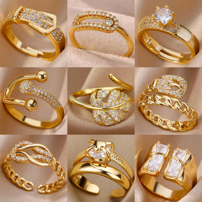 Gold Plated Stainless Steel Crystal Rings For Women Chain Geometry Zircon Finger Ring Jewelry Gift anillos mujer 2025 New Trendy