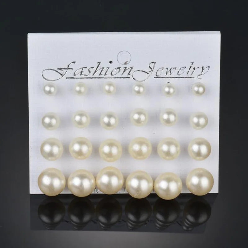 Trendy 12 Pairs/Set Cute Triangle Crystal Heart Stud Earrings for Women Ball Simulated Pearl Flower Brincos
