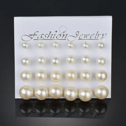 Trendy 12 Pairs/Set Cute Triangle Crystal Heart Stud Earrings for Women Ball Simulated Pearl Flower Brincos