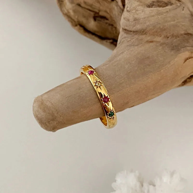 INS Stainless Steel Rainbow Color Cubic Zircon Stone Finger Rings for Women Gold Plated Waterproof Stacker Ring Jewelry Gift