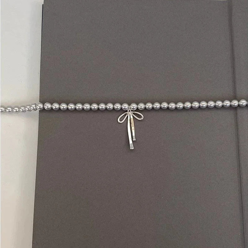 LATS Gray Pearls Bowknot Pendant Necklace for Women Girls Graceful Butterfly Choker Chain Jewelry Gift Accessories