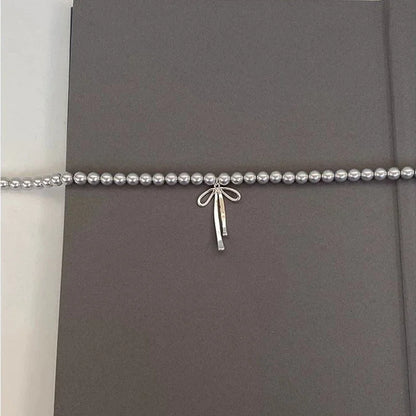 LATS Gray Pearls Bowknot Pendant Necklace for Women Girls Graceful Butterfly Choker Chain Jewelry Gift Accessories