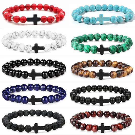 Prayer Men Natural Stone Wood Beads Rosary Hematite Cross Bracelets Onyx Meditation Bracelet Women Yoga Jewelry Homme Pulsera