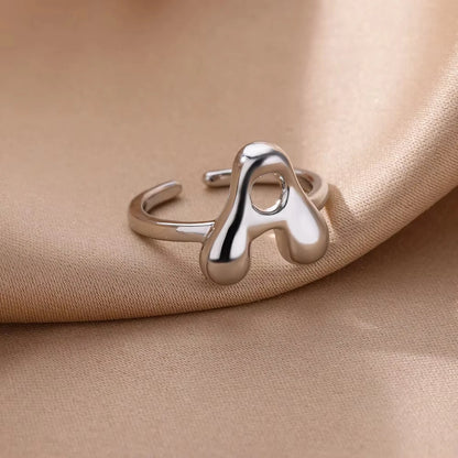 Gold Color Cute Bubble Letters Rings For Women Stainless Steel A-Z Alphabet Opening Ring Wedding Party Christmas Jewelry
