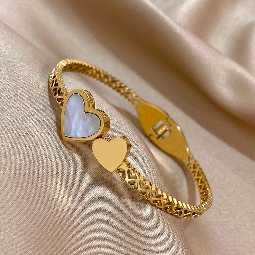 Stainless Steel Inlaid Shell Double Heart Cuff Bangles for Women Fashion Gold Color Bangle Bracelet Valentine's Day Jewelry Gift
