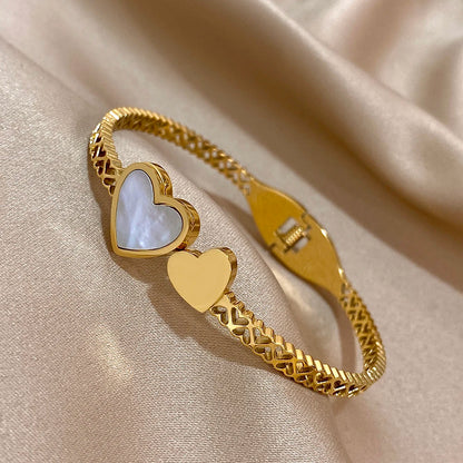 Stainless Steel Inlaid Shell Double Heart Cuff Bangles for Women Fashion Gold Color Bangle Bracelet Valentine's Day Jewelry Gift