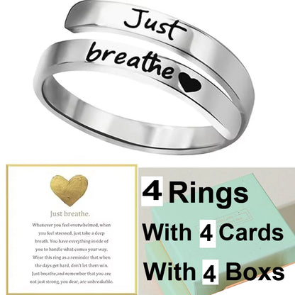 Stainless Steel Ring Just Breathe Ring for Women Men, Spiral Wrap Healing Rings, Inspirational Gifts with Message Card Box