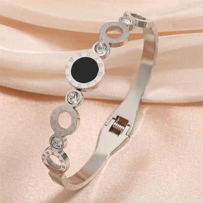 ZAKOL 2 Pcs Fashion Bracelet Rings For Women Black Acrylic Roman Numeral Stainless Steel Couple Bracelet Jewelry Set Gift