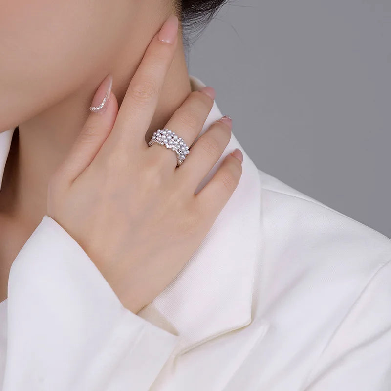 925 Sterling Silver Zircon Pearl Round Rings for Women Minimalist Trendy Light Luxury Fine Jewelry Opening Accessories
