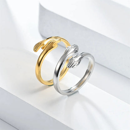 Round Gold Color Warmly Embraced Love Hug Open Rings For Women Cute Creative Hands  Adjustable Jewelry