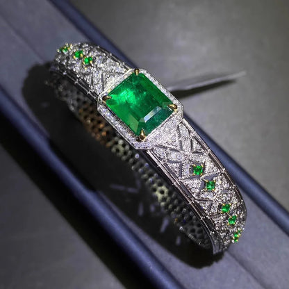 Luxury Silver Color Emerald Bracelet for Women Female Micro Inlaid Zircon Dual Color Bangle Cuff Wedding Party Jewelry Gift