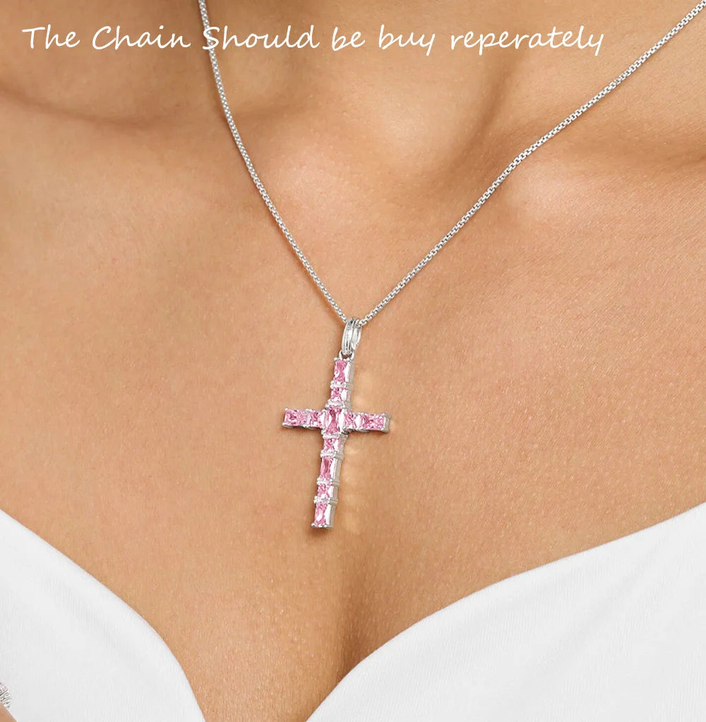 Pendant Cross with Pink Stones Brand New Jewelry 925 Sterling Silver Europe Accessories Romantic Gift For Women