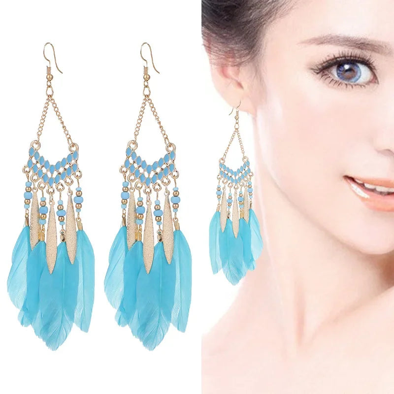 Bohemian Ethnic Feather Dangle Earrings For Women Trendy Long Tassel Colorful Beads Drop Earrings Girl Female Boho Jewelry