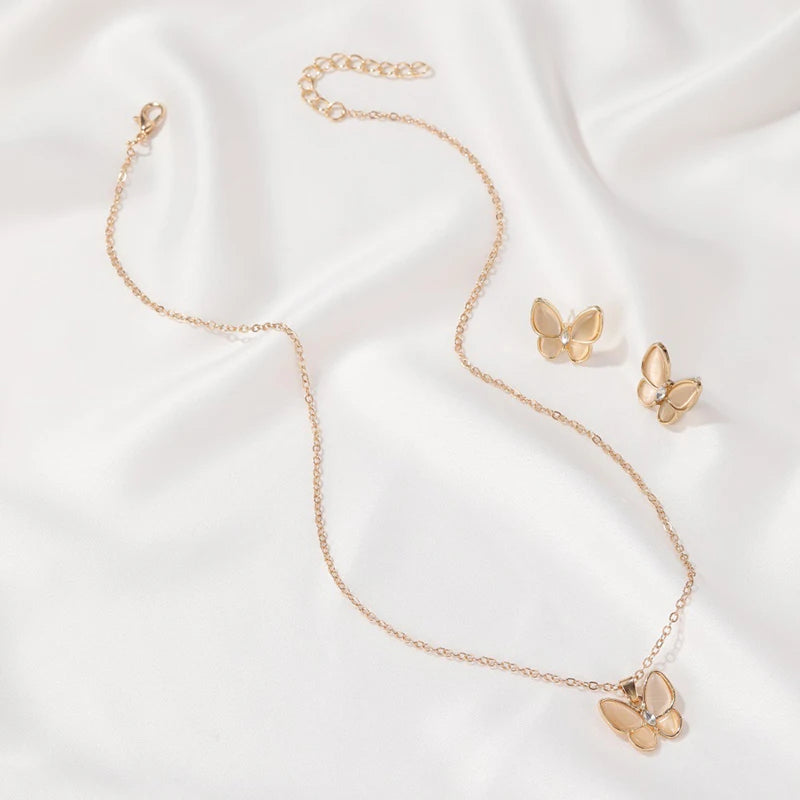 Kiss Jewelry Charm Opal Butterfly Necklace Earring Jewelry Set for Women Temperament Korean Fashion Choker Necklace Stud Earring