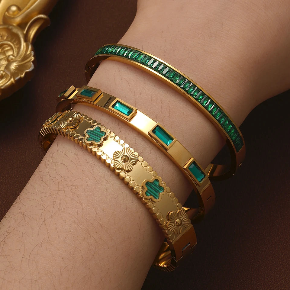 Yupsk New Green Crystal Zircon Five-leaf Flower Series Bracelet 316L Stainless Steel Open Bangle Bracelets Women Jewelry Gift