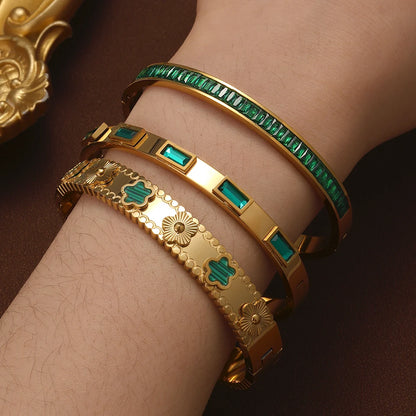 Yupsk New Green Crystal Zircon Five-leaf Flower Series Bracelet 316L Stainless Steel Open Bangle Bracelets Women Jewelry Gift