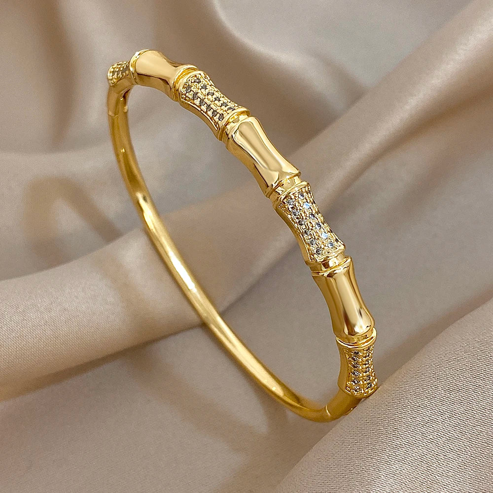Flashbuy Gold Color Chic Inlaid Zircon Copper Bangle Bracelet For Women Statement New Design Temperament Wrist Fashion Jewelry