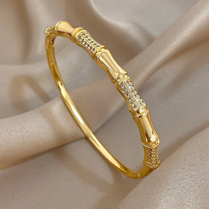 Flashbuy Gold Color Chic Inlaid Zircon Copper Bangle Bracelet For Women Statement New Design Temperament Wrist Fashion Jewelry