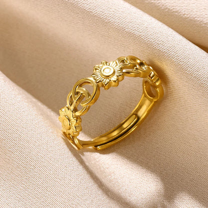 Stainless Steel Rings for Women Gold Color Couple Jewelry Aesthetic Accessorie Adjustable Punk Embossed Hollow Ring