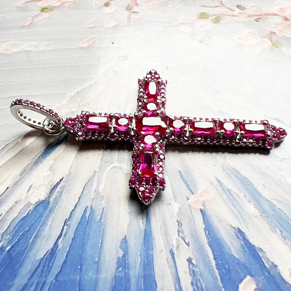 Pendant Rose Color Stone Cross Brand Fashion Trendy Jewelry Europe 925 Sterling Silver Gift For Woman