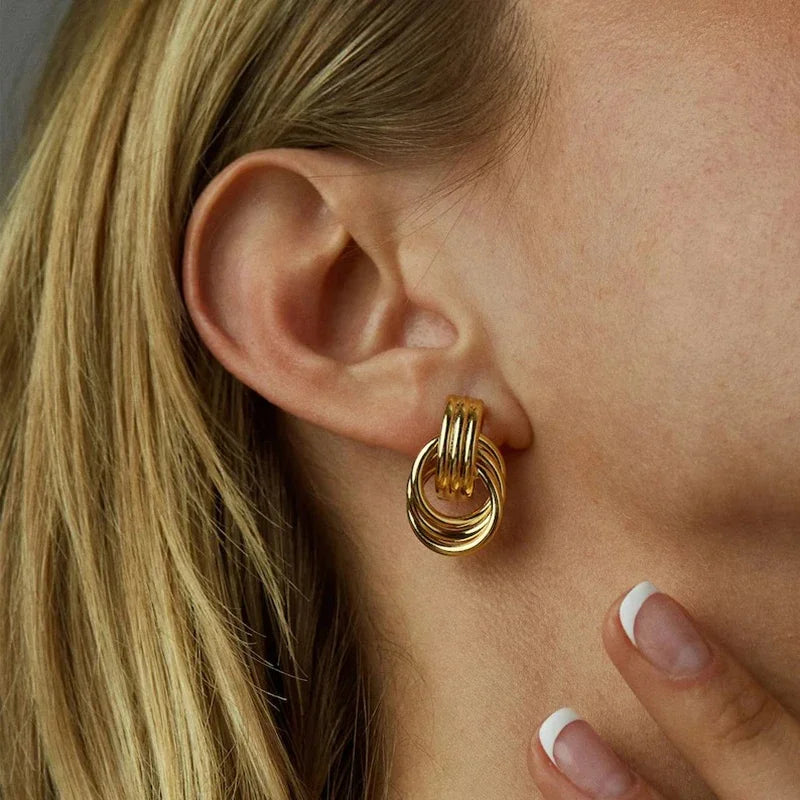 Retro Gold Plated Stainless Steel Texture Earrings for Women Circle Twist Geometric Statement Ear Stud Fashion Jewelry Bijoux