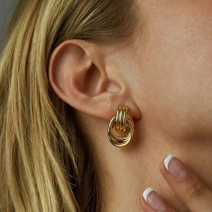 Retro Gold Plated Stainless Steel Texture Earrings for Women Circle Twist Geometric Statement Ear Stud Fashion Jewelry Bijoux