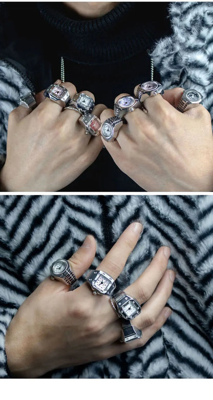 Kiss Jewelry Vintage Y2K Finger Watch Rings for Women Men Elastic Stretchy Roman Quartz Mini Watches Rings Punk anillos Gift