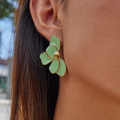 Uworld Fashion Trend 18K Gold Color Plated Stainless Steel Pink Drip Oil Flower Earrings Geometric Ear Studs Women's Accessories