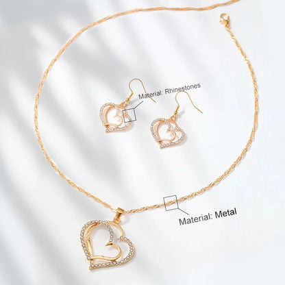 1 par de brincos + 1 colar estilo romântico francês conjunto de joias com design de coração brilhante prateado ou dourado faça sua escolha presente F