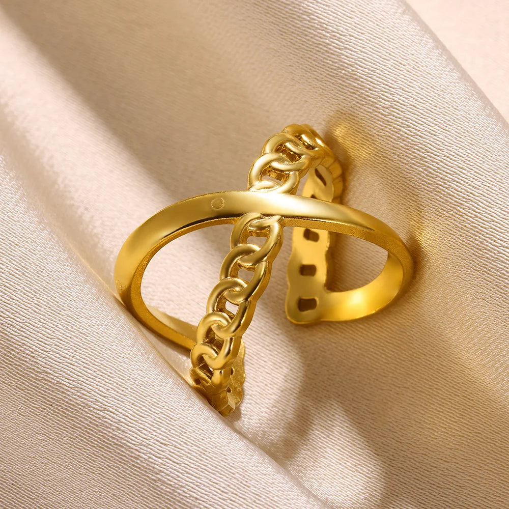 Stainless Steel Rings for Women Gold Color Couple Jewelry Aesthetic Accessorie Adjustable Punk Embossed Hollow Ring