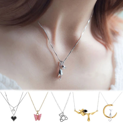 Necklace For Women Cute Simple Girls Animal Cat Sweet Heart Butterfly Pearl Embroidery Flowers Fashion