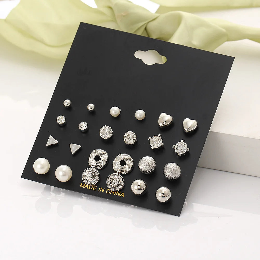 Trendy 12 Pairs/Set Cute Triangle Crystal Heart Stud Earrings for Women Ball Simulated Pearl Flower Brincos