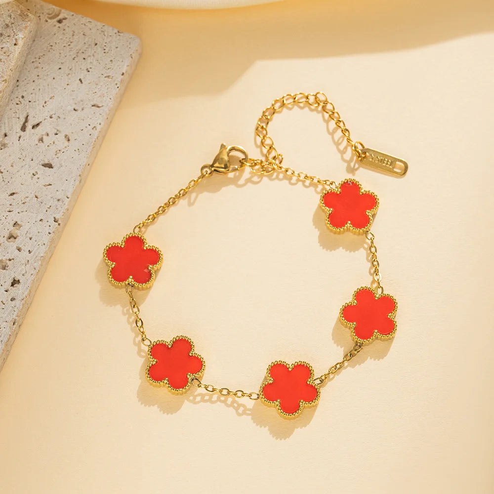 IFYOUOO Stainless Steel Bracelet Double Sided Bracelets Five Leaf Petals Flower Gold Plated Clover Women Fashion Jewely