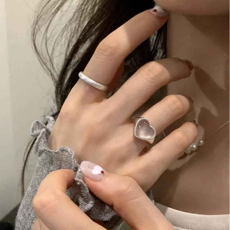 Silver Color Love Heart Geometric Ring For Women Girl Trendy Simple Temperament Sweet Wedding Bride Aesthetic Jewelry Gift
