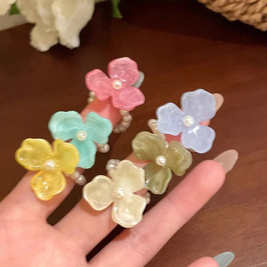 Imitation Pearl Acrylic Flower Rings Sweet Handmade Elastic Rope Romantic Jewelry Gift for Women Girl Fashion