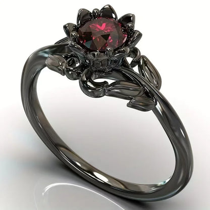 LATS Black Color Flower Red Stone Rings for Women Charm Jewelry Accessories Rose Ring Party Gift
