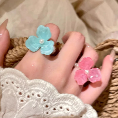Imitation Pearl Acrylic Flower Rings Sweet Handmade Elastic Rope Romantic Jewelry Gift for Women Girl Fashion