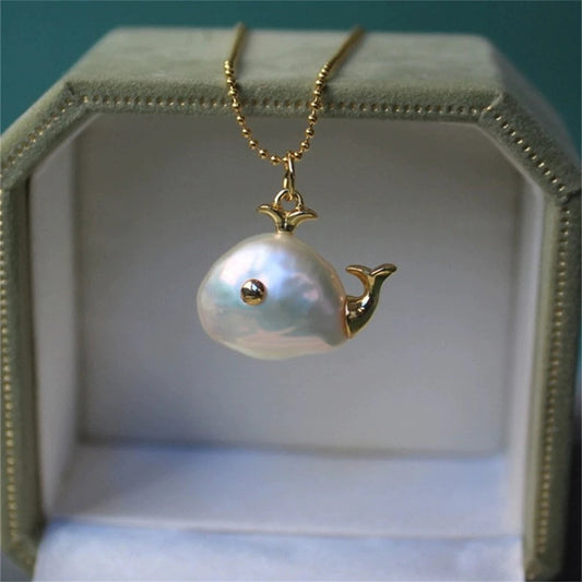 Baroque Whale Necklace, Alien Pearl, Marine Life Pendant, Clavicle Chain, Small Fish Earnail Set, Color Preserved