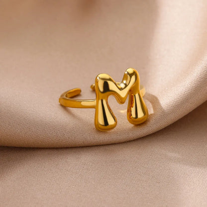 Gold Color Cute Bubble Letters Rings For Women Stainless Steel A-Z Alphabet Opening Ring Wedding Party Christmas Jewelry