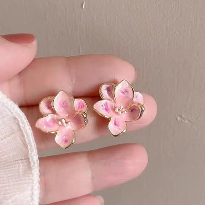Pink Floral Women's Small Earrings Sweet Flower Petals Korean Fashion Ear Jewelry Irregular Mini Plant Element Ear Studs