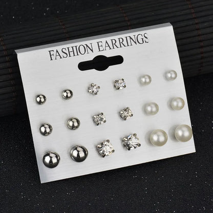 Trendy 12 Pairs/Set Cute Triangle Crystal Heart Stud Earrings for Women Ball Simulated Pearl Flower Brincos