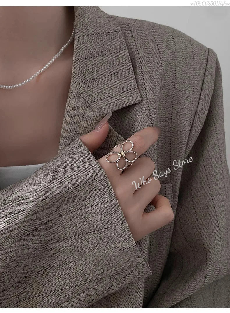 Sterling Silver Rings for Women Couple Minimalist Handmade Simple Big Flower Ring Party Jewelry Gift Prevent Allergy
