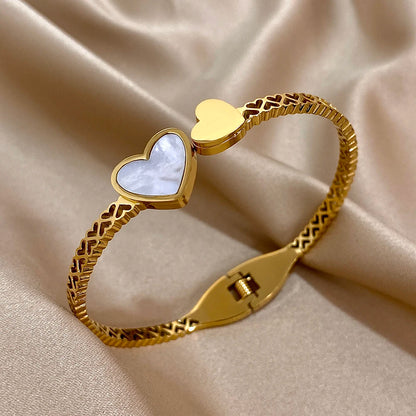 Stainless Steel Inlaid Shell Double Heart Cuff Bangles for Women Fashion Gold Color Bangle Bracelet Valentine's Day Jewelry Gift