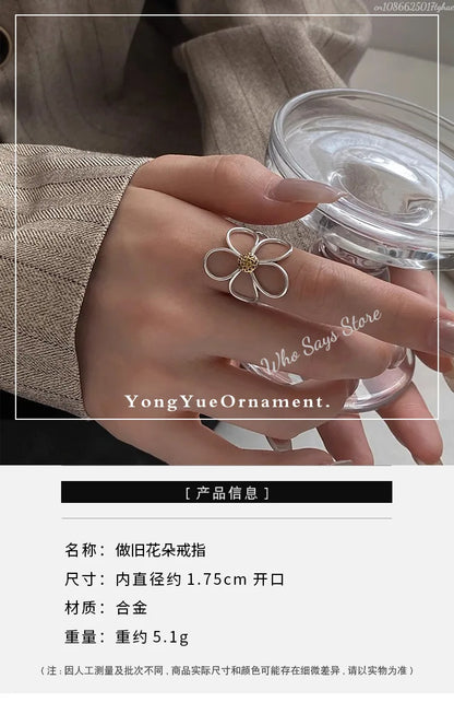 Sterling Silver Rings for Women Couple Minimalist Handmade Simple Big Flower Ring Party Jewelry Gift Prevent Allergy