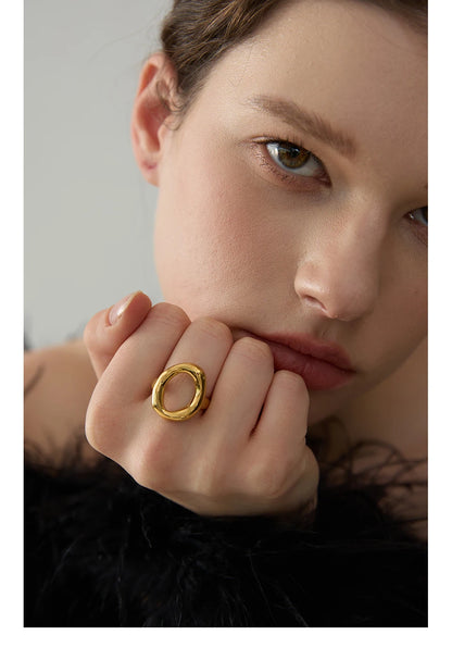 Yhpup Creative Stainless Steel Geometric Hollow Golden Minimalist Ring Fashion Waterproof Unusual Trendy Textured Jewelry
