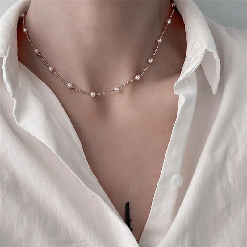 LATS 2022 New Beads Neck Chain Kpop Pearl Choker Necklace Gold Color Goth Chocker Jewelry on The Neck Pendant Collar for Women