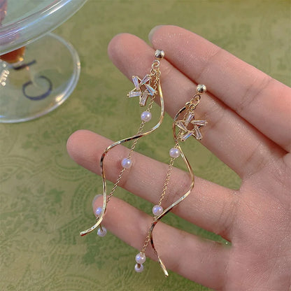 Elegant Cherry Blossom Princess Earrings for Women Personalized Asymmetrical Long Tassel Star Pearl Ear Stud Party Jewelry Gifts