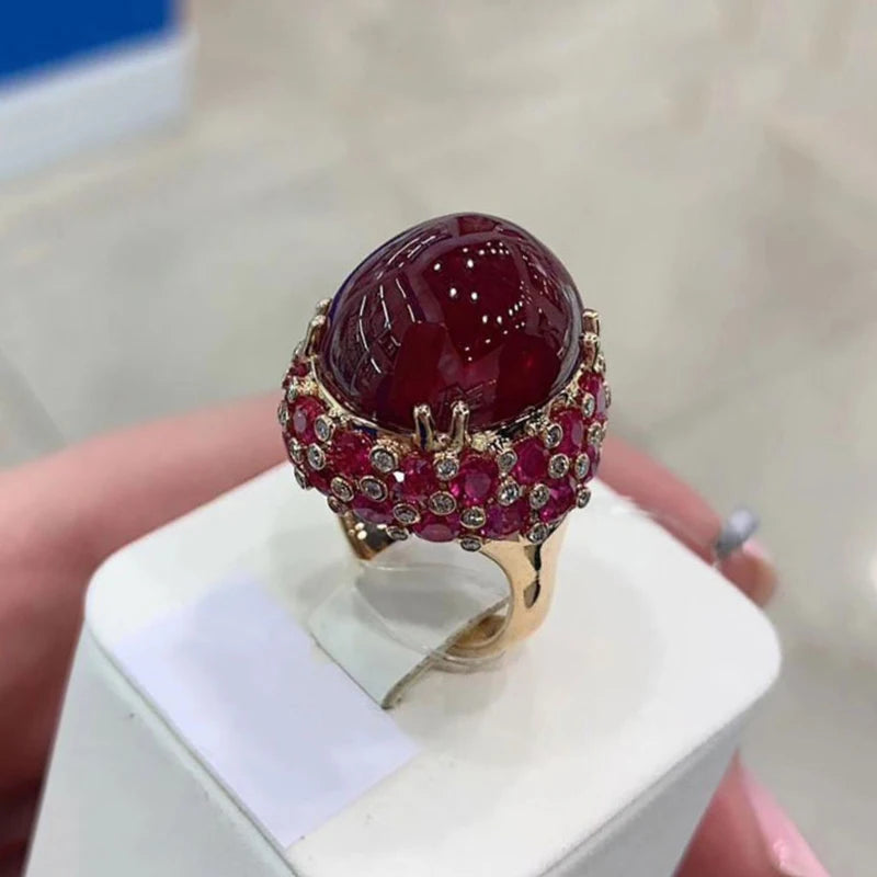 585 Purple Gold Plated 14K Rose Gold Inlaid Oval Ruby Rings for Women Adjustable Luxury Exaggerated Punk Wedding Jewelry